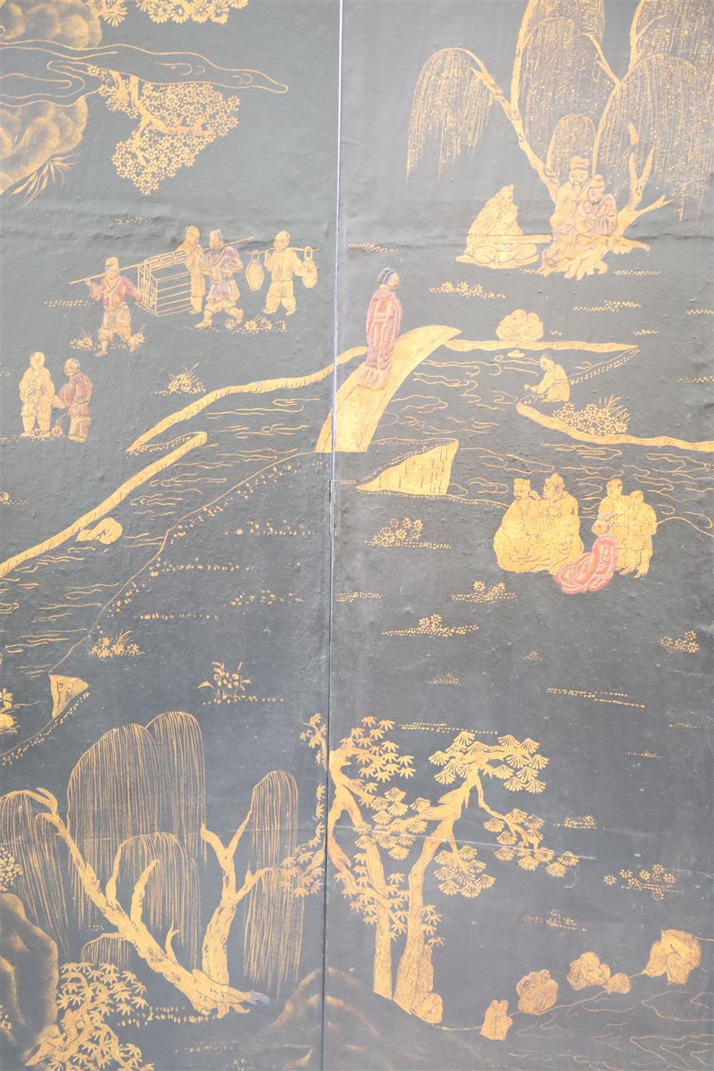 A 19th century Chinese gilt black six fold screen, each panel 45cm, 237cm high